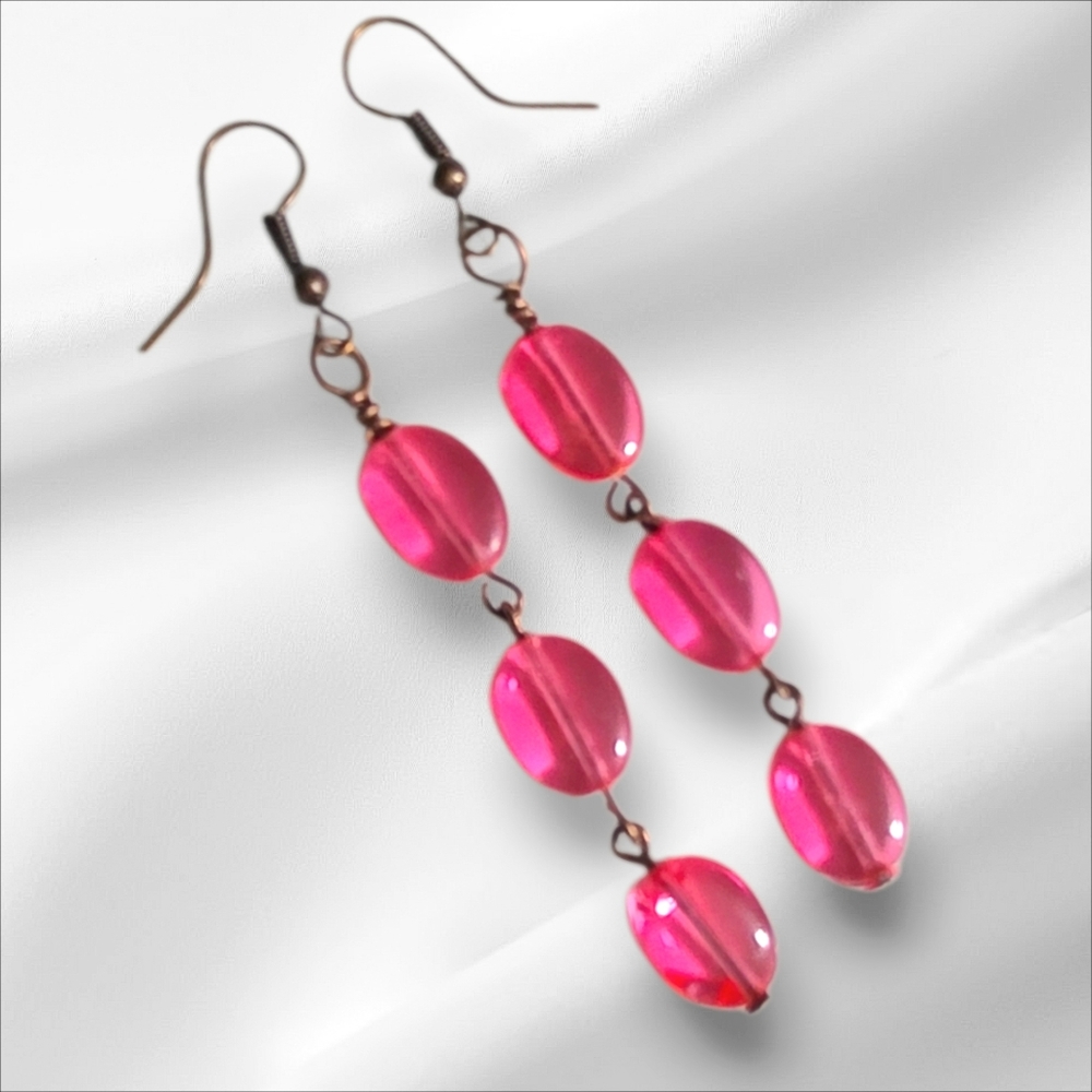 Pink Glass Dangle Earrings, Pink Drop Earrings, Recycled Vintage Beads